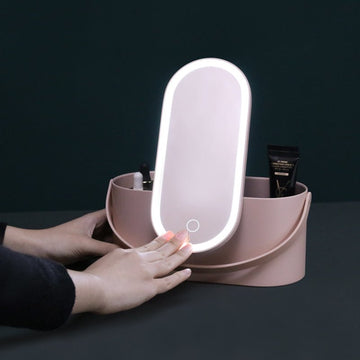 Portable Makeup Organizer with LED Mirror - Pink - Juste ELLE